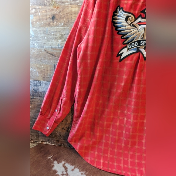 Upcycled Handcrafted Dip Dyed Bleached Red Plaid Button Down Shirt W God Speed - Picture 7 of 14